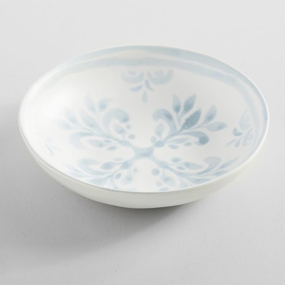 Pottery Barn Chambray Tile Stoneware Soup Bowls Blue and White 8" Diameter NWOT